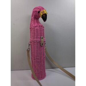 Ciroa Pink Resin Wicker Flamingo Woven Basket Purse Wine Bottle Holder NWOT